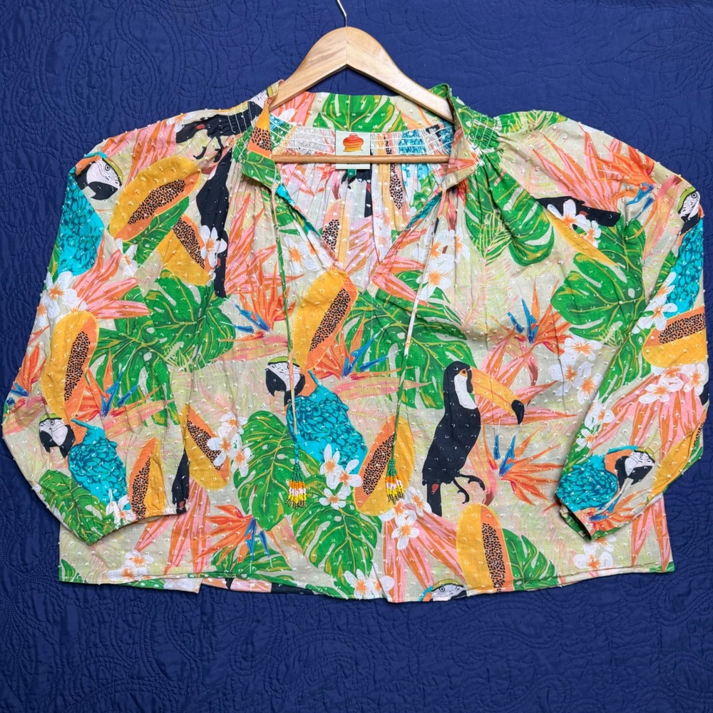 Farm Rio Toucan Papaya Tropical Swiss Helena Clip Dot Blouse Beaded Tassels XL